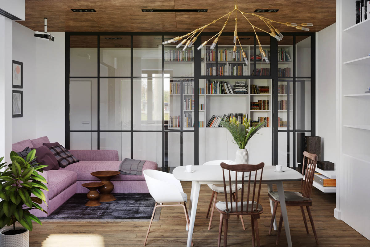 Hình ảnh phòng khách hiện đại với sofa màu tím nổi bật, cạnh đó là bàn ăn nhỏ xinh