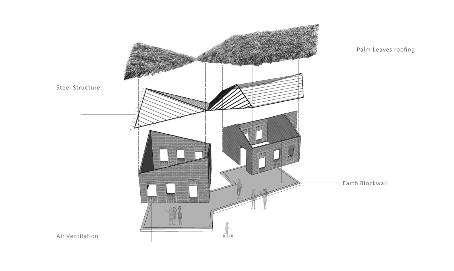 Hình ảnh phối cảnh kết cấu tường, khung mái và mái lá trường tiểu học
