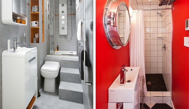 Hình ảnh hai phòng tắm nhỏ với tông trung tính và điểm nhấn màu đỏ ấn tượng