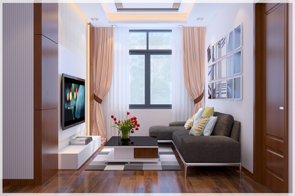 Hình ảnh phòng sinh hoạt chung với sofa xám, đối diện là tủ kệ tivi, rèm cửa màu hồng