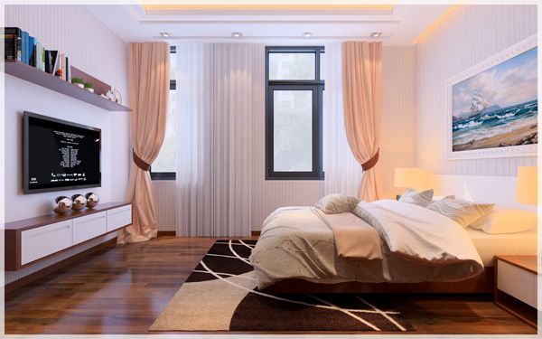 Hình ảnh phòng ngủ của con với giường nệm tiện nghi, rèm cửa màu hồng, tủ kệ tivi đối diện chân giường