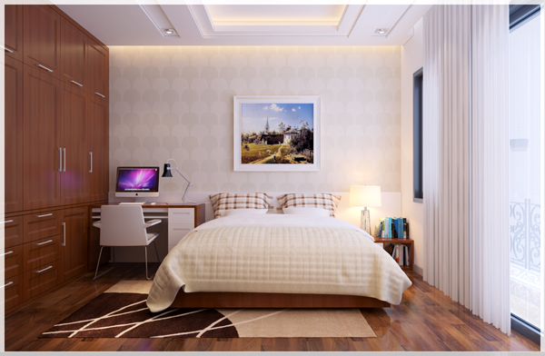 Hình ảnh phòng ngủ hiện đại tích hợp góc làm việc cạnh đầu giường, tủ quần áo gỗ cao kịch trần, tranh tường trang trí