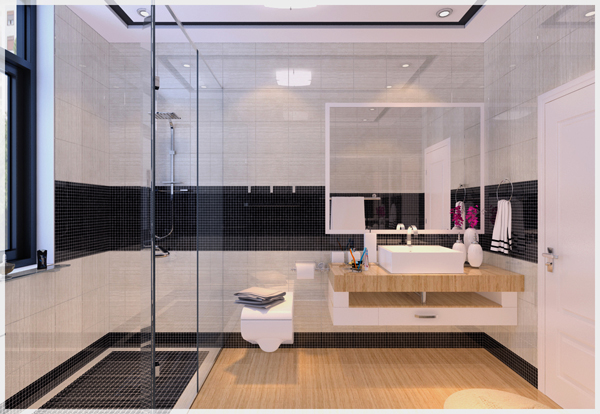 Hình ảnh phòng tắm với buồng tắm vòi sen phân tách với khu vệ sinh bên ngoài bằng vách kính trong suốt