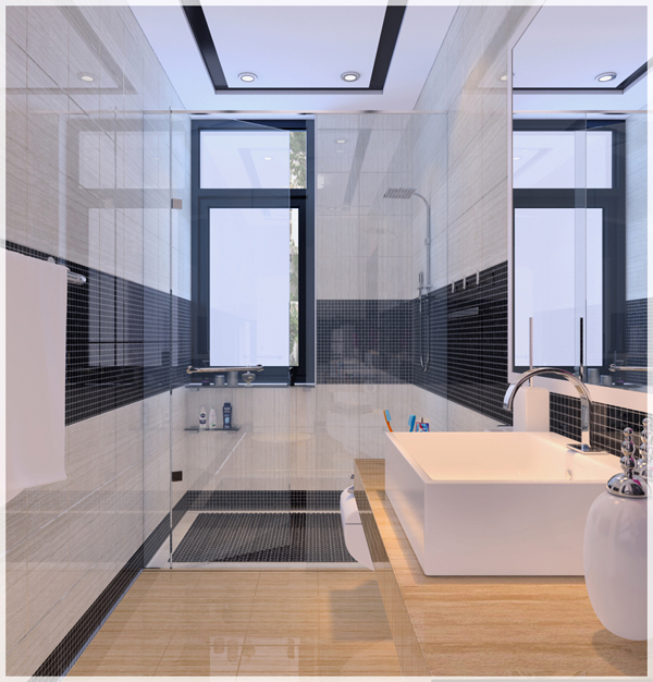 Hình ảnh một góc phòng vệ sinh với bồn rửa sứ trắng hình chữ nhật, buồng tắm vòi sen, vách kính trong suốt