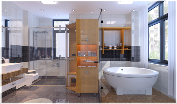 Hình ảnh phòng vệ sinh rộng rãi có buồng tắm kính, bồn tắm nằm lớn