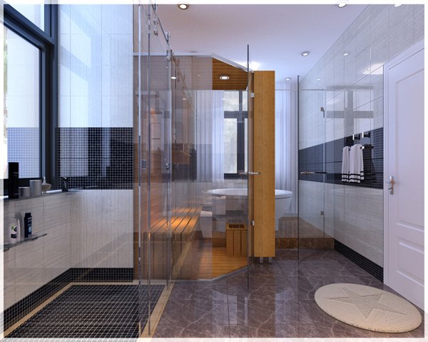 Hình ảnh một góc phòng tắm với buồng xông hơi, khu vệ sinh lát gạch màu đen