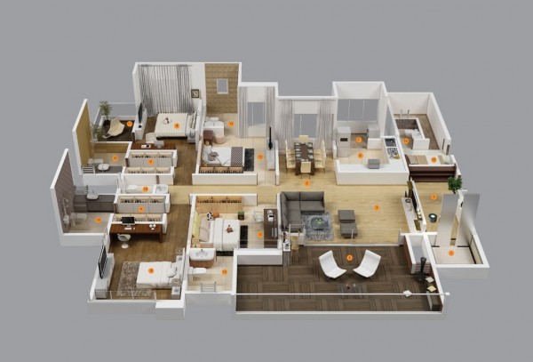 Hình ảnh phối cảnh 3D căn hộ 4 phòng ngủ có phòng khách rộng, kết nối với ban công qua cửa kính trong suốt