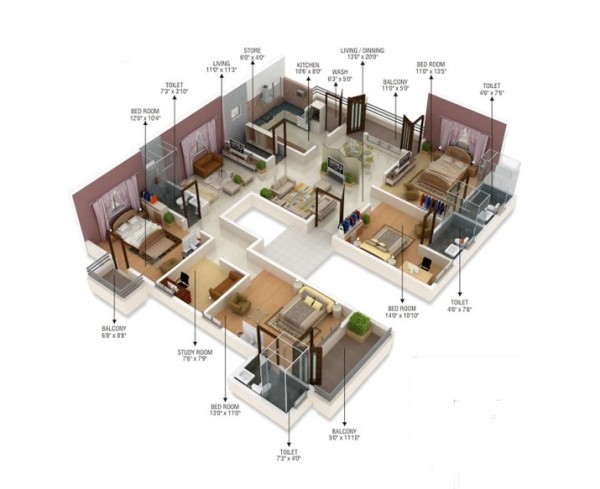 Hình ảnh phối cảnh 3D thiết kế nội thất căn hộ 4 phòng ngủ phong cách hiện đại
