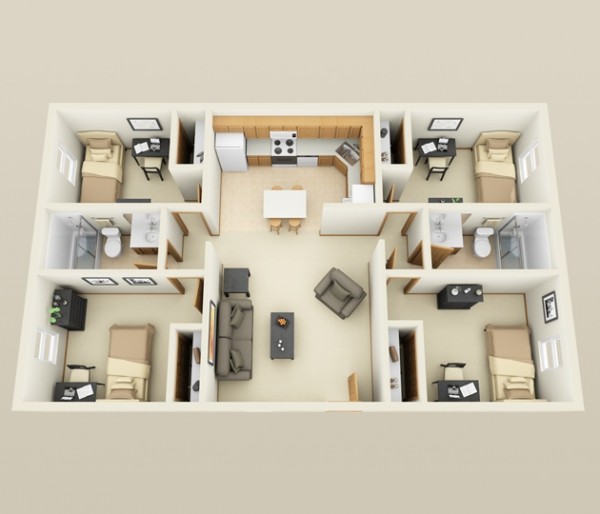 Hình ảnh mẫu căn hộ hiện đại với các phòng ngủ được bố trí ở 4 góc của căn hộ