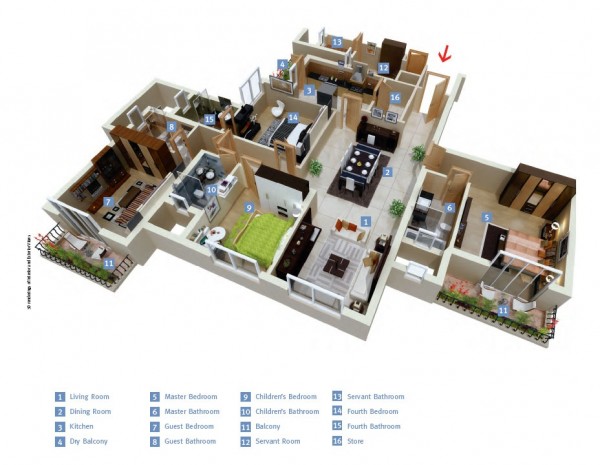 Hình ảnh phối cảnh 3D căn hộ 4 phòng ngủ hiện đại, trong đó 2 phòng có cửa mở ra ban công