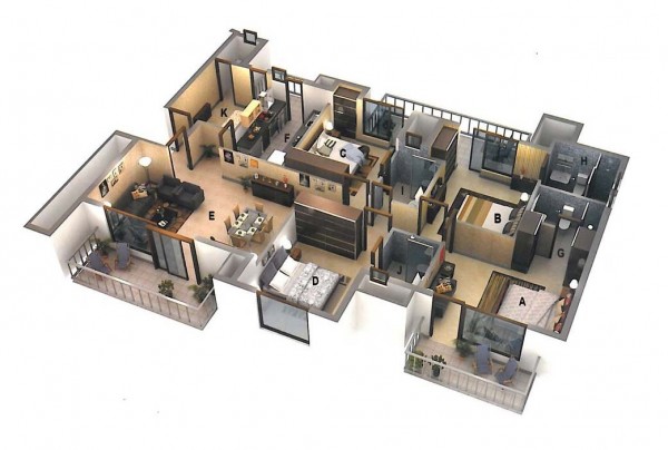 Hình ảnh mẫu căn hộ 4 phòng ngủ rộng rãi, tiện nghi và sử dụng chung 2 nhà vệ sinh ở giữa
