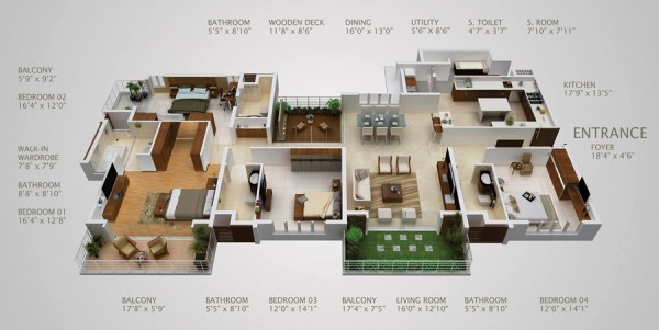 Hình ảnh mẫu căn hộ nhiều phòng ngủ cho gia đình đông người với ban công lát cỏ nhân tạo hoặc gỗ