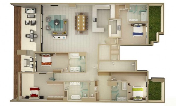 Mẫu thiết kế nội thất căn hộ 4 phòng ngủ đảm bảo sự riêng tư cho các thành viên,3 phòng có lối ra ban công riêng