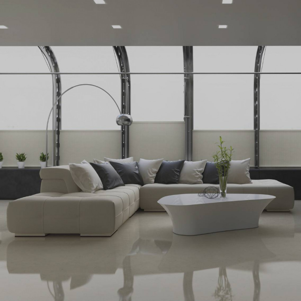Hình ảnh phòng khách hiện đại với bộ ghế sofa cùng tông với sàn nhà