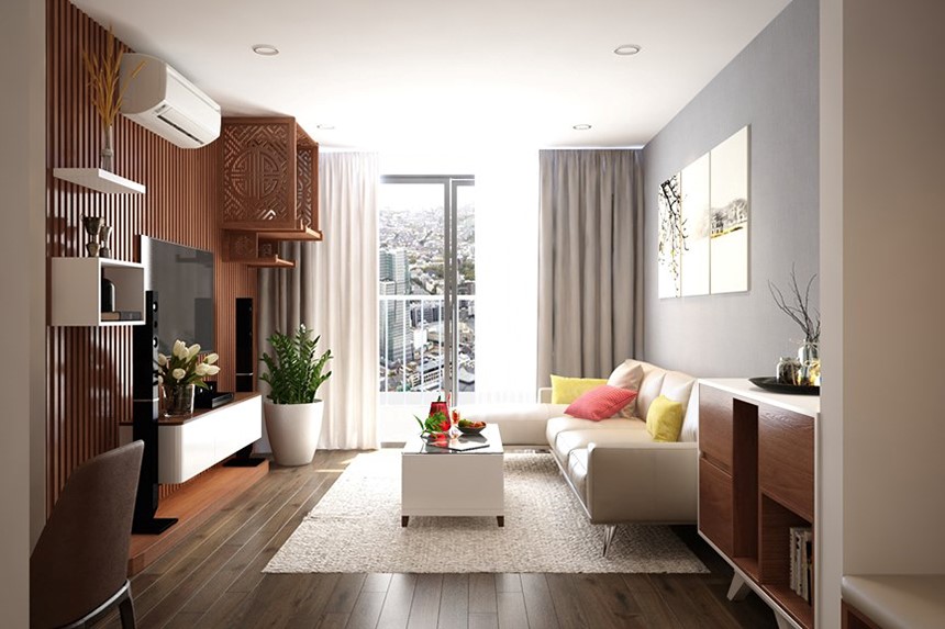 Hình ảnh mẫu thiết kế phòng khách nhà ống kết hợp góc thờ cúng thoáng đẹp với sofa màu trắng, tủ kệ tivi bằng gỗ, góc thờ cúng nghiêm trang