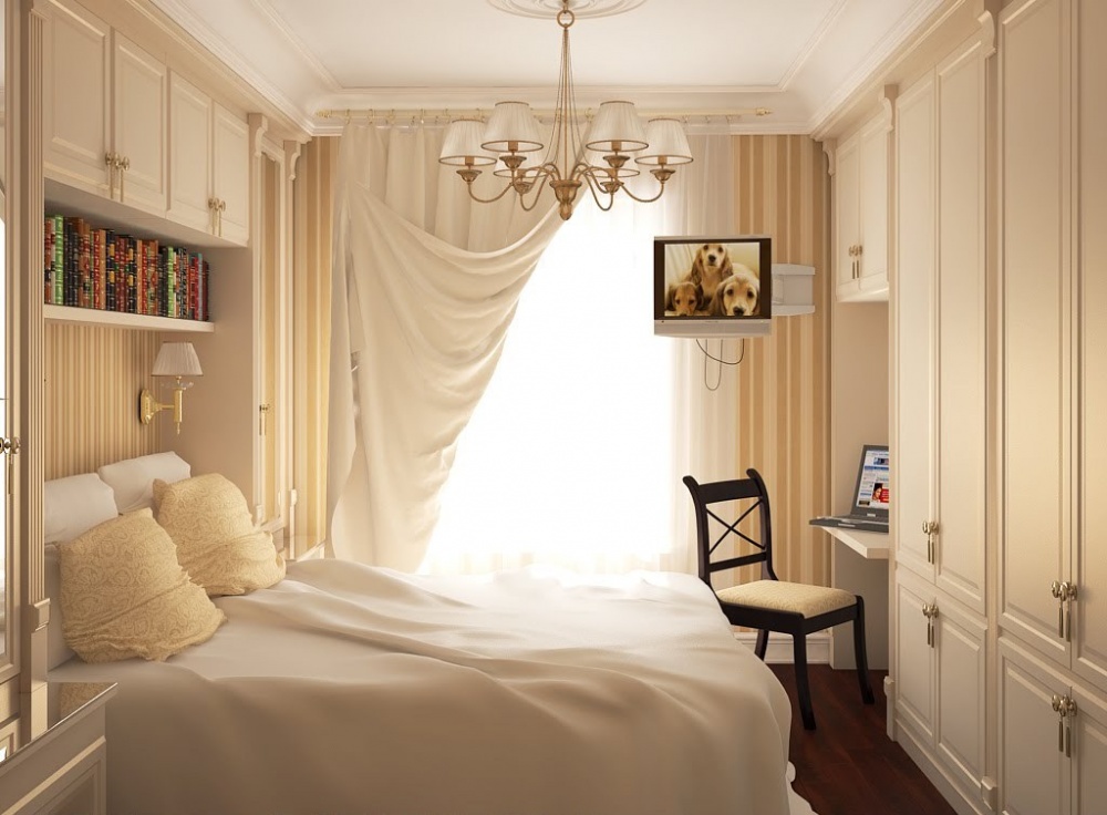 Hình ảnh phòng ngủ nhỏ với ga gối, rèm màu trắng, tủ đầu giường và tủ quần áo cùng tông màu trắng chủ đạo