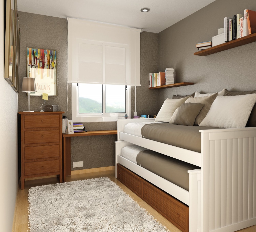 Hình ảnh phòng ngủ nhỏ tông màu xám trắng sử dụng giường tầng hiện đại