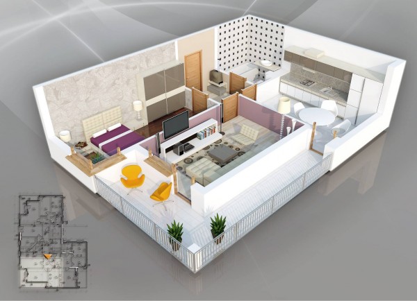 Hình ảnh phối cảnh 3D mẫu thiết kế nội thất căn hộ 1 phòng ngủ ấn tượng với những bức tường họa tiết bắt mắt và không gian thư giãn thoáng đãng ngoài ban công.