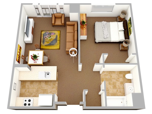 Hình ảnh mẫu thiết kế nội thất căn hộ 1 phòng ngủ phong cách truyền thống với tông màu nâu đất ấm áp