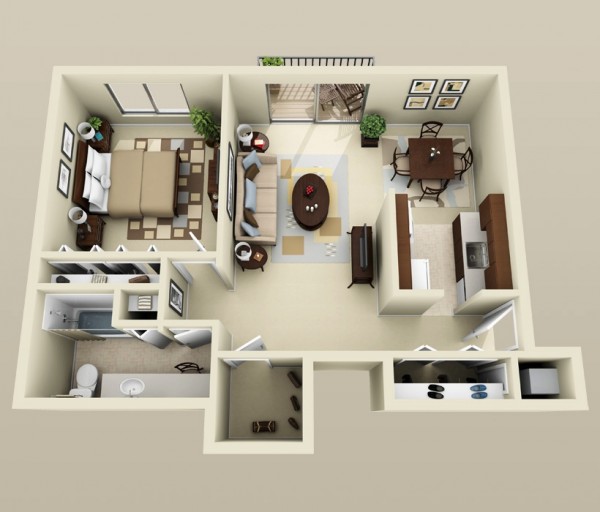 Hình ảnh mẫu thiết kế nội thất căn hộ đơn giản và tiện nghi với một phòng bếp ăn, giường đôi, nhiều không gian tủ quần áo, phòng tắm hoàn chỉnh, phòng khách có cửa ra ban công.