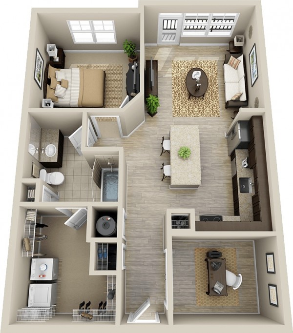 Hình ảnh căn hộ một phòng ngủ dành cho người độc thân có văn phòng làm việc riêng biệt, bếp ăn hình chữ L thoáng rộng liên thông với phòng khách có cửa kính mở ra ban công.