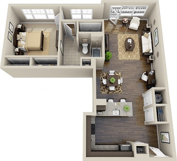 Hình ảnh 3D thiết kế nội thất căn hộ 1 phòng ngủ thoáng đẹp với bếp, bar ăn sáng rộng rãi