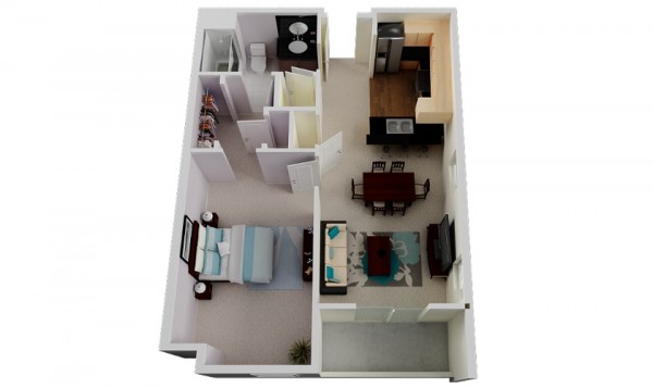 Phối cảnh 3D căn hộ 1 phòng ngủ tích hợp phòng thay đồ