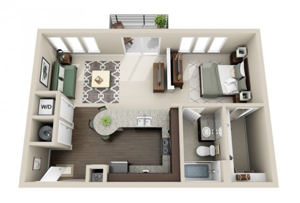 Hình ảnh mẫu thiết kế nội thất căn hộ 1 phòng ngủ với các khu vực chức năng được phân chia riêng biệt 