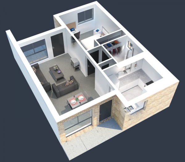 Hình ảnh phối cảnh 3D căn hộ 1 phòng ngủ phong cách tối giản, màu trung tính chủ đạo