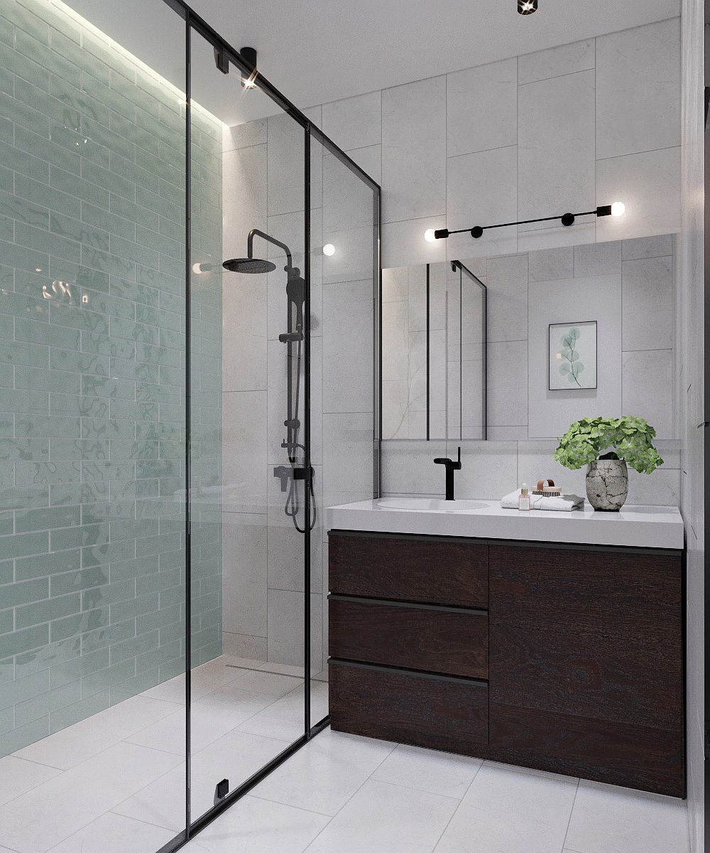 Hình ảnh phòng tắm gọn đẹp trong căn hộ 45m2 với tủ gỗ sẫm màu dưới bồn rửa