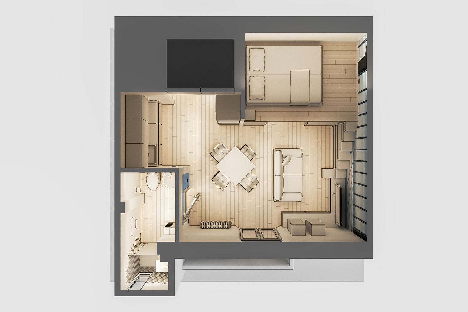 Hình ảnh phối cảnh 3D thiết kế nội thất căn hộ 29m2