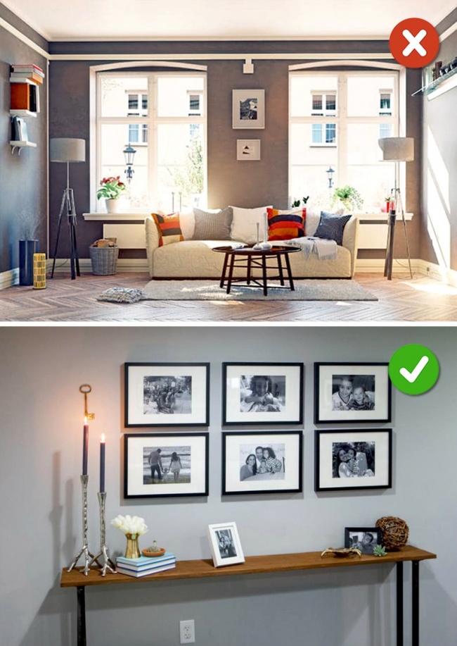Hình ảnh minh họa cho việc treo tranh ảnh với chiều cao phù hợp trong phòng khách