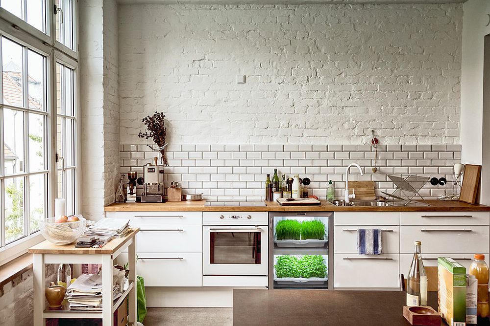 Hình ảnh toàn cảnh phòng bếp màu trắng với một phần tủ bếp dưới trồng cây thảo mộc