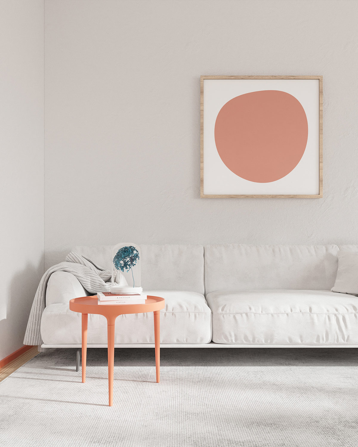Hình ảnh góc phòng khách nổi bật với bàn trà màu cam đất xinh xắn