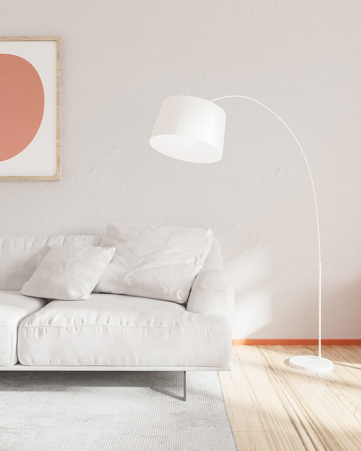 Hình ảnh đèn sàn màu trắng trong phòng khách, cạnh đó là sofa trắng, chân tường sơn màu cam