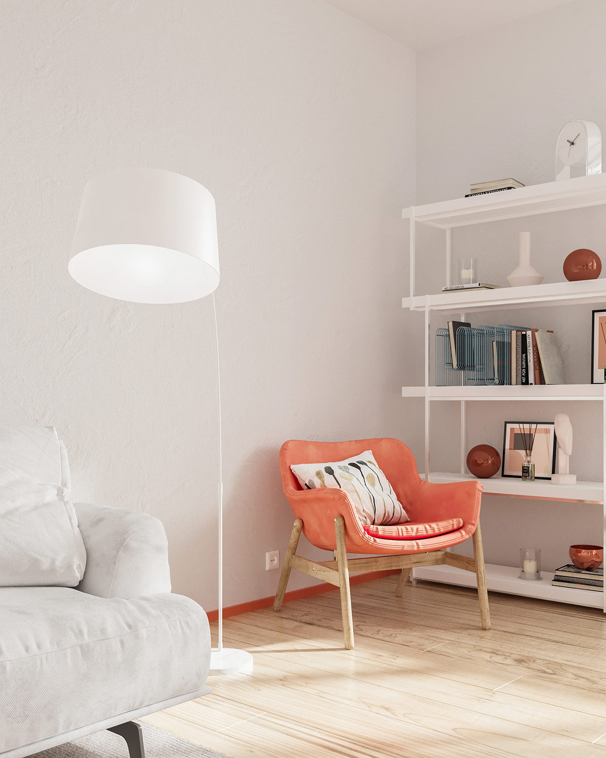Hình ảnh góc đọc sách, thư giãn trong căn hộ 25m2 nổi bật với ghế bành màu cam