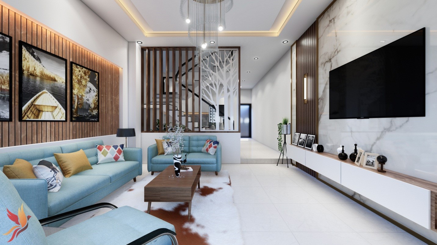 Hình ảnh phòng khách biệt thự rộng rãi với sofa màu xanh, tường ốp gỗ, tranh treo tường, đèn chùm, tủ kệ tivi màu trắng