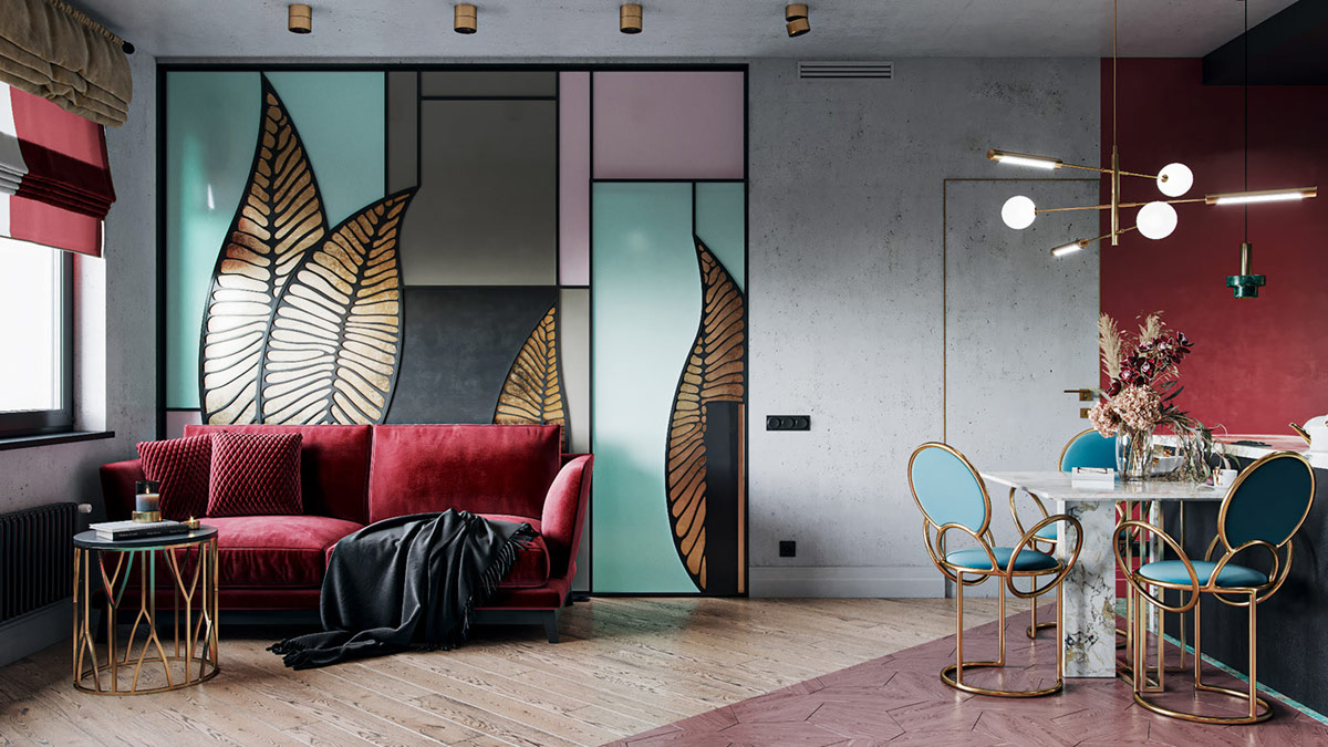 Hình ảnh phòng bếp ăn liên thông với phòng khách trong căn hộ 58m2 vơi sofa hồng, ghế ăn xanh ngọc lam, họa tiết lá trang trí