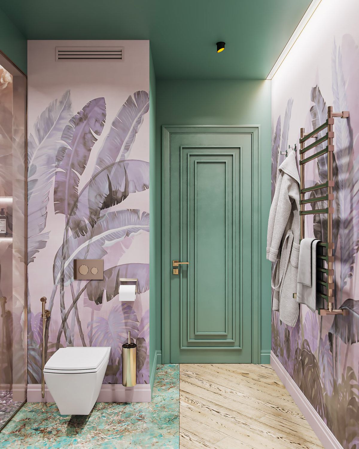 Hình ảnh phòng tắm đẹp với tường họa tiết lá cây nhiệt đới, gạch lát sàn pha trộn màu sắc, cửa màu xanh ngọc lam