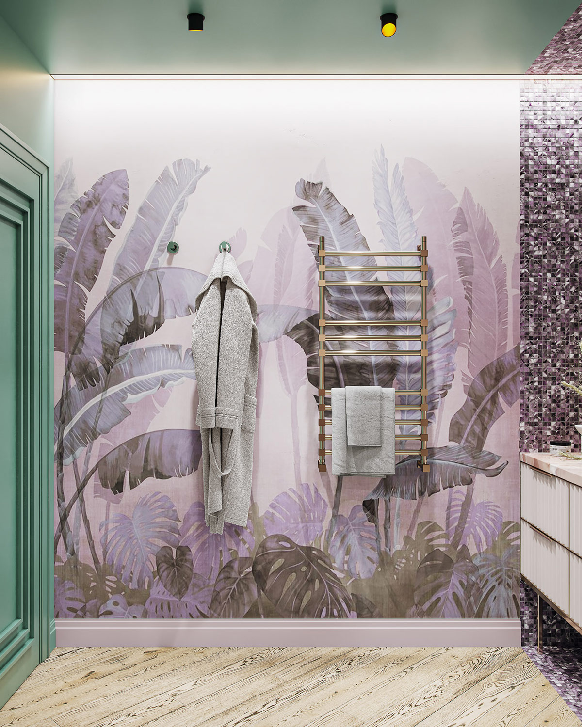 Hình ảnh cận cảnh bức tường họa tiết lá chuối trong phòng tắm