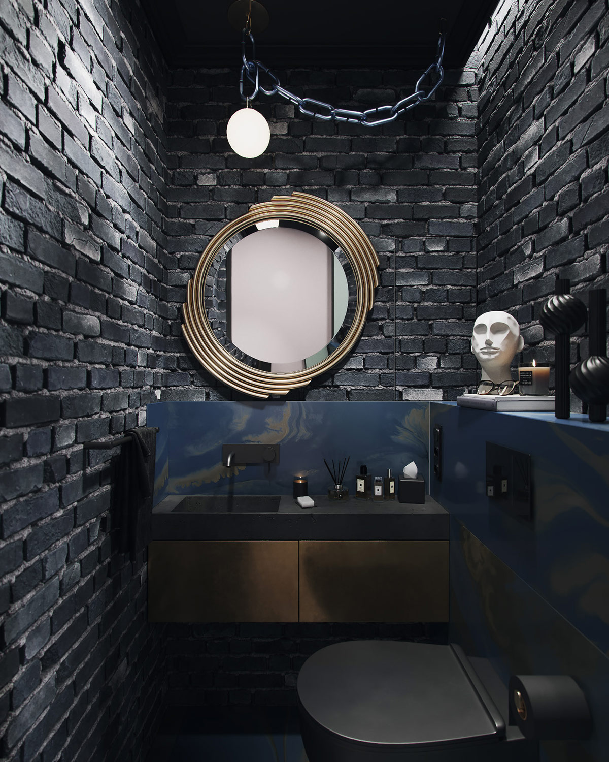 Hình ảnh phòng tắm nhỏ trong căn hộ 58m2 với tường gạch thô sơn đen