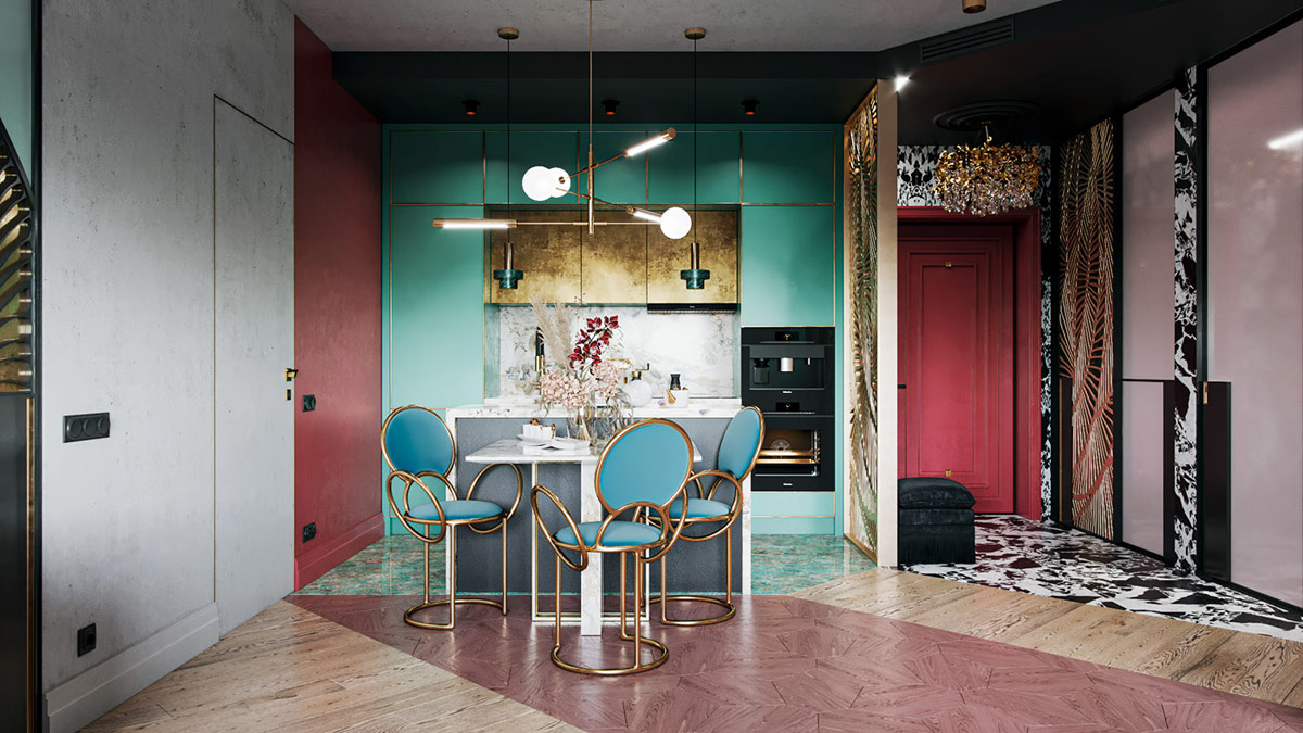 Hình ảnh phòng bếp ăn căn hộ 58m2 với tủ màu xanh ngọc lam cùng tông với ghế ngồi, bàn màu trắng, đèn thả độc đáo
