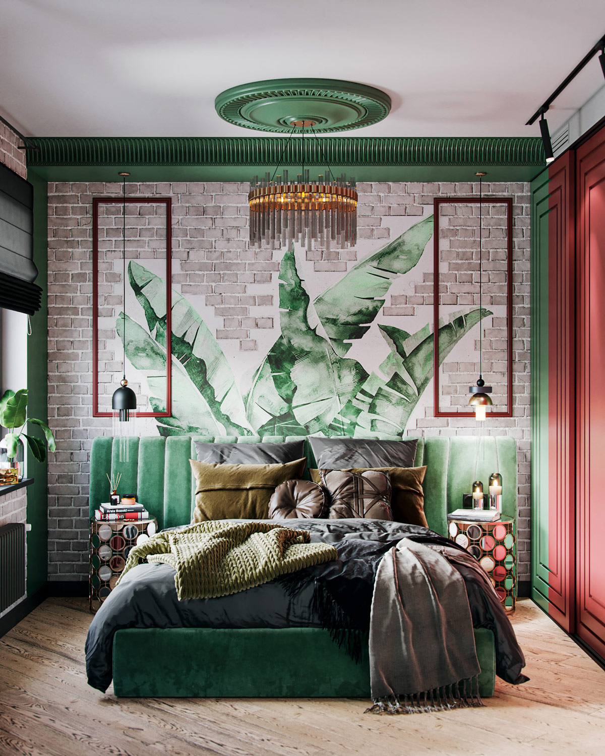 Hình ảnh phòng ngủ với giường màu xanh lá cùng tông với tường lá cây, đèn chùm, cửa sổ kính