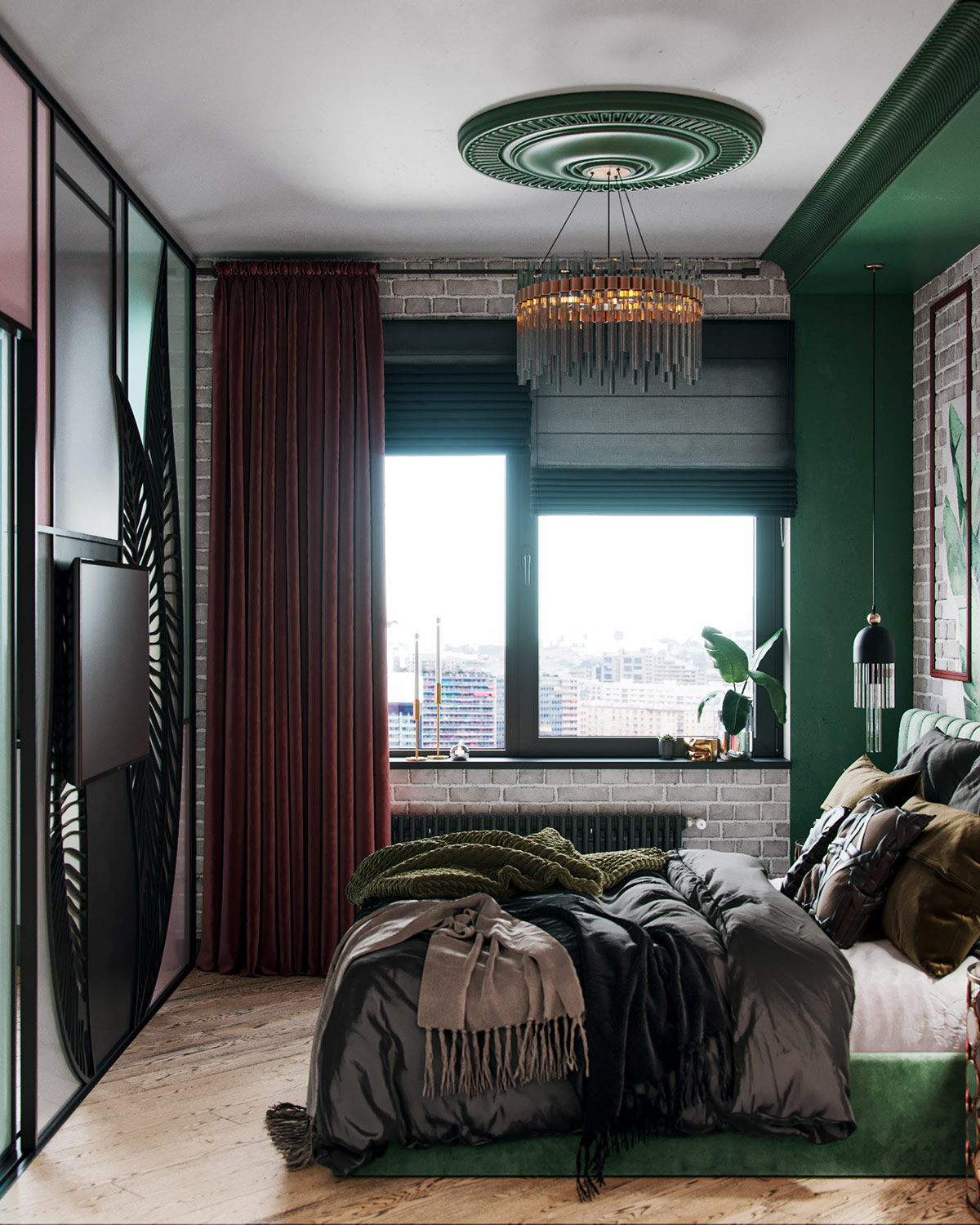 Hình ảnh một góc phòng với rèm cửa màu đỏ tía, giường màu xanh lá, tường gạch thô