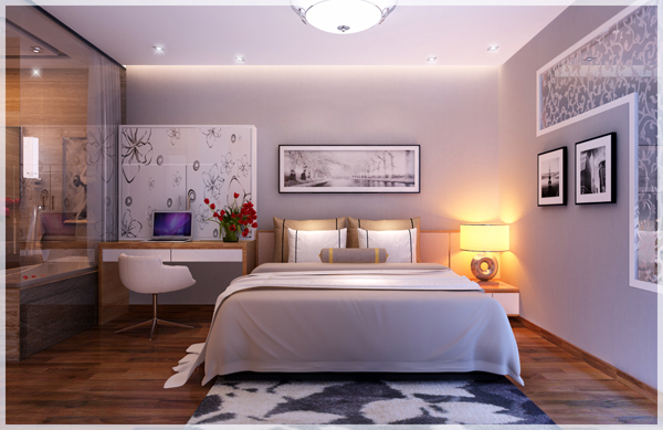 hình ảnh phòng ngủ VIP của vợ chồng gia chủ với giường gỗ, bàn trang điểm, tranh tường đen trắng