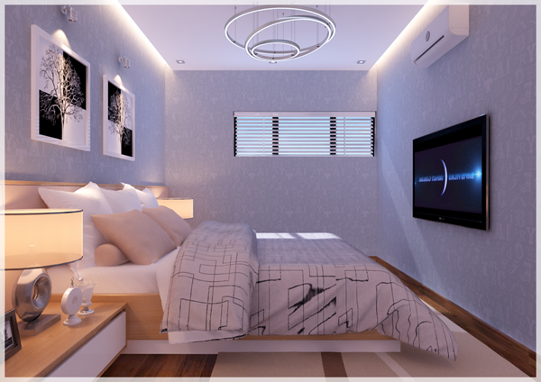 Hình ảnh phòng ngủ hiện đại với đèn ngủ, tivi cuối giường, tranh đầu giường, đèn chùm, ô cửa sổ nhỏ