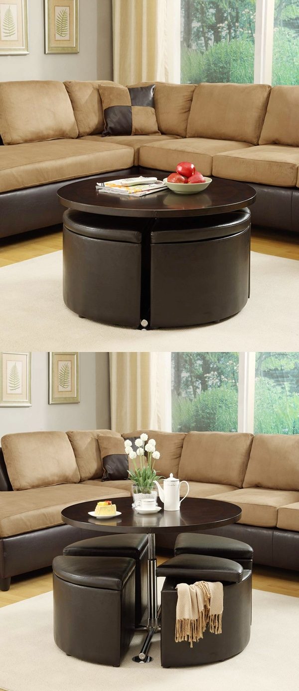 Hình ảnh Mẫu bàn cà phê có thể điều chỉnh chiều cao màu đen bọc da, dưới có 4 ghế otttoman