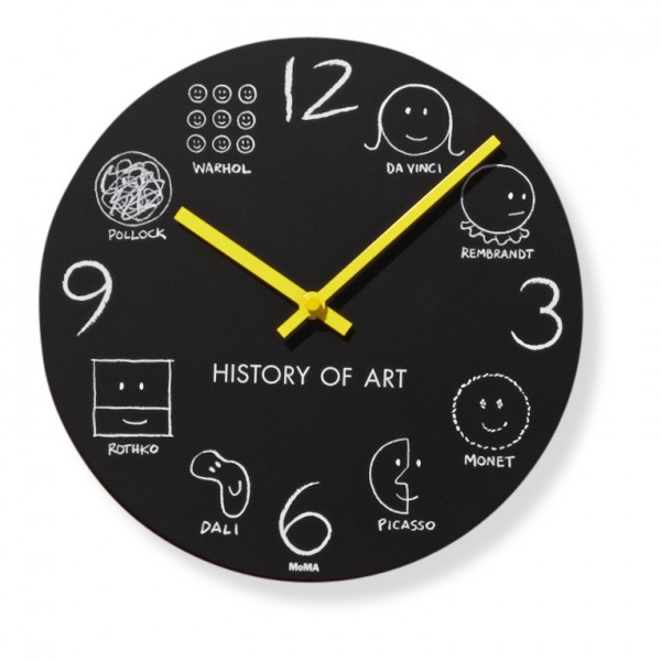 hình ảnh đồng hồ treo tường với nền đen chủ đạo, kim giờ và kim phút màu vàng, hình vẽ ngộ nghĩnh màu trắng