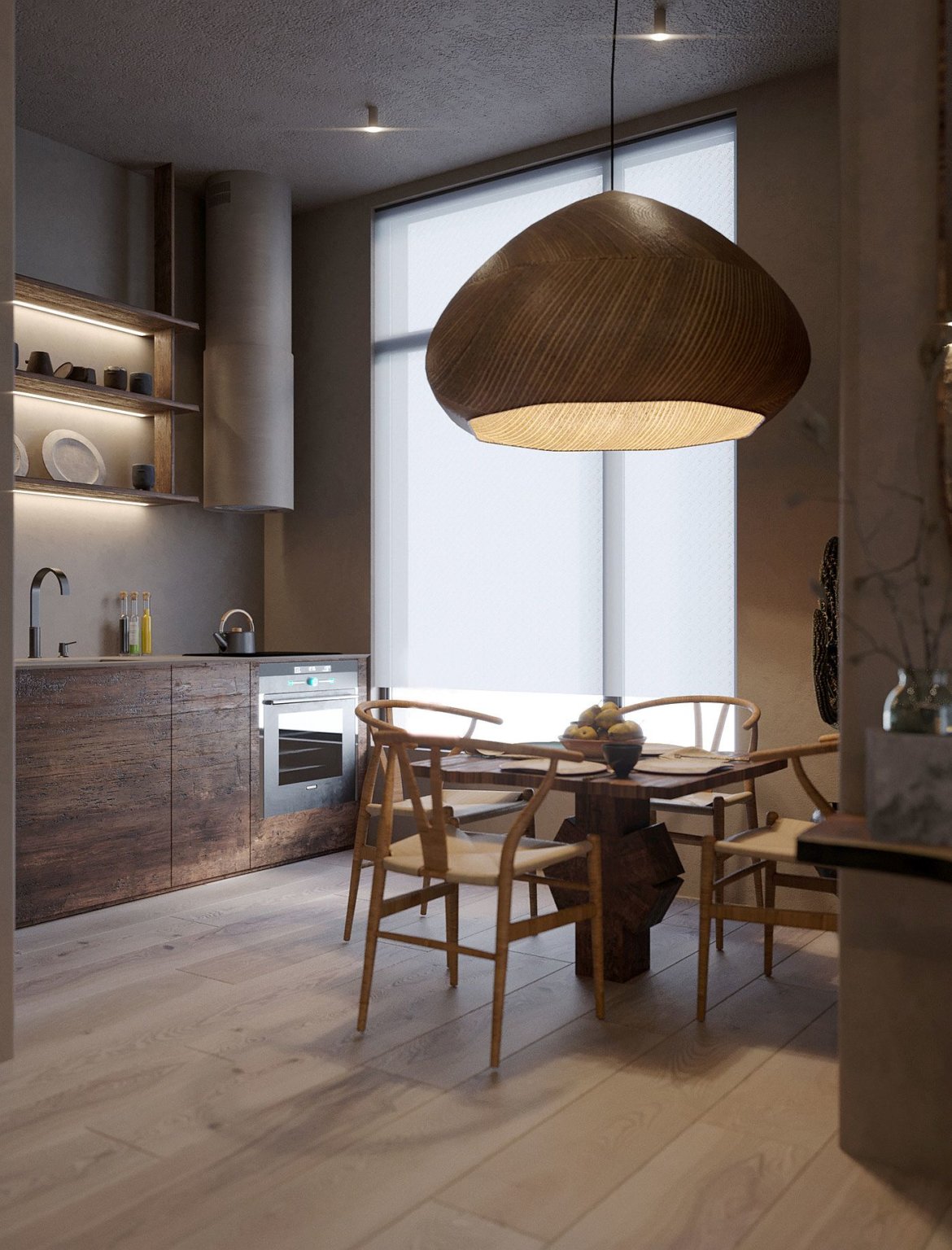 hình ảnh phòng bếp nhỏ ấn tượng với chụp đèn thả lớn bằng gỗ