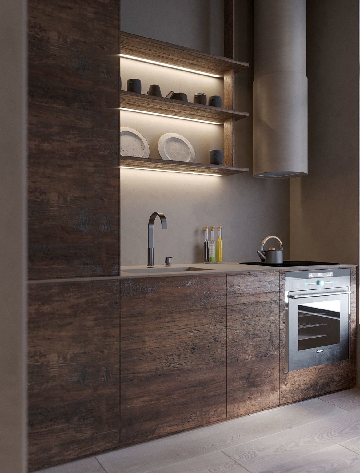 hình ảnh cận cảnh tủ bếp bằng gỗ sẫm màu, kệ mở gắn đèn LED đẹp mắt